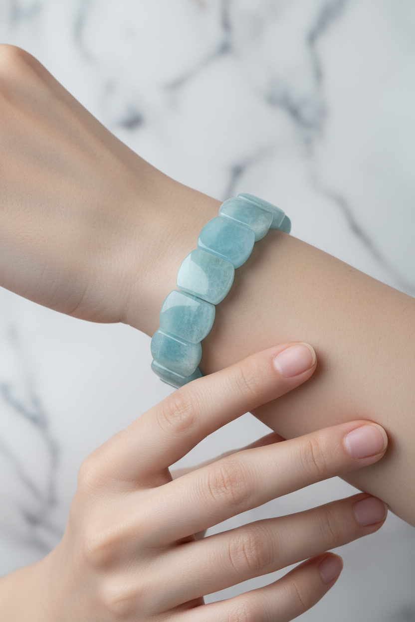 Aquamarine Wide Cut Square Cut Natural Gemstone Bracelet