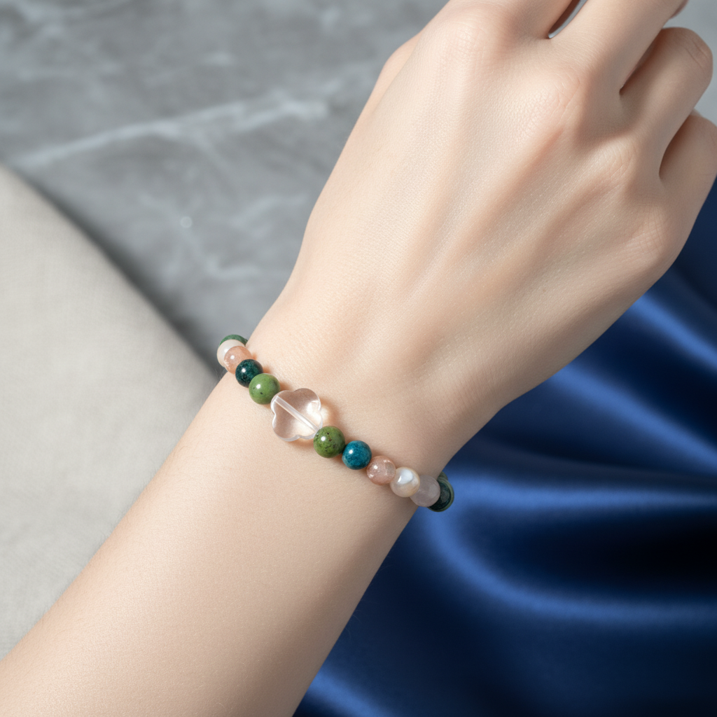 Laboratory Certified Taurus Zodiac Natural Stone Bracelet – Sunstone, Blue Apatite, Rose Quartz, Mother of Pearl & Jade (Serpentine)