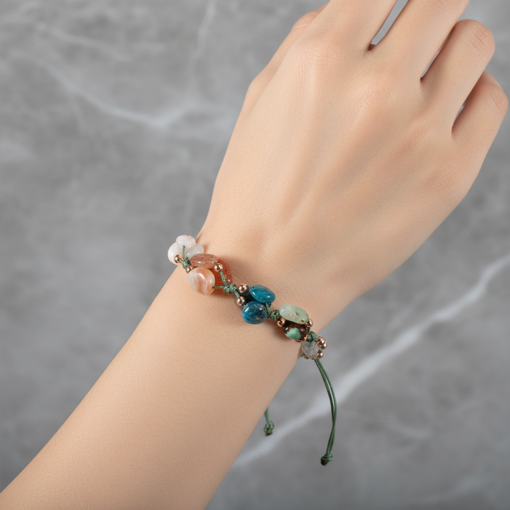Libra Zodiac Natural Stone Macramé Bracelet – Aquamarine, Moonstone, Sunstone, Chrysoprase, Blue Apatite, Rose Quartz, Green Aventurine