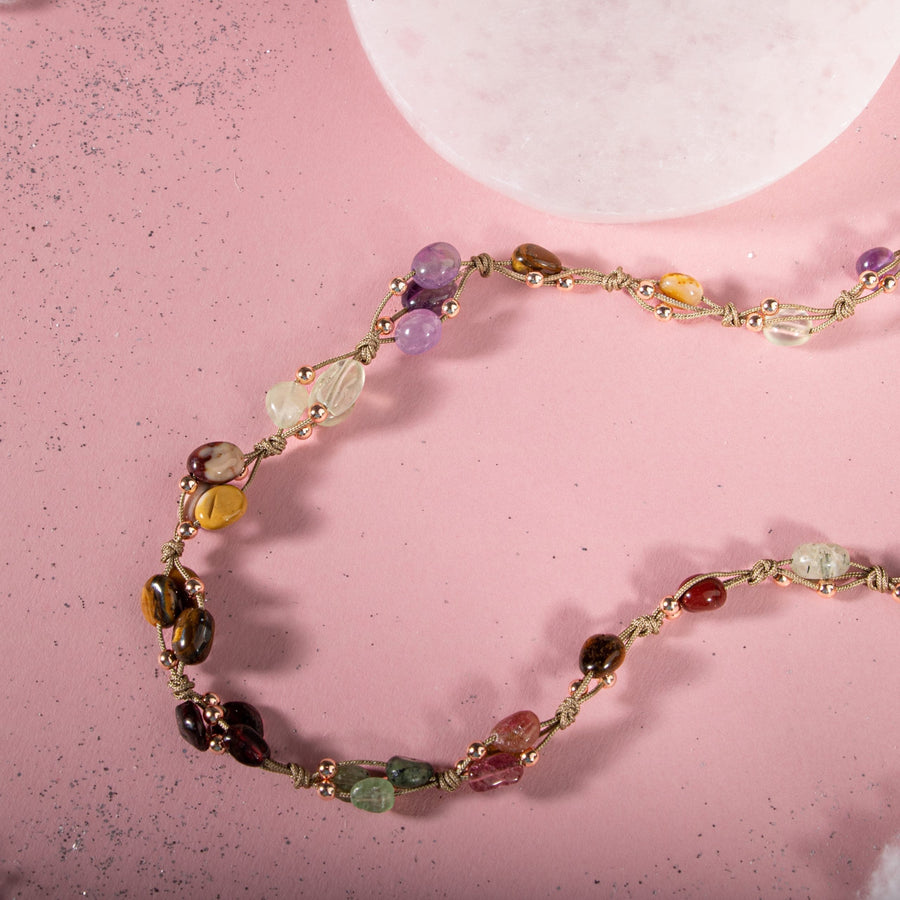 Laboratory Certified Capricorn Zodiac Natural Stone Macramé Necklace – Amethyst, Burgundy Garnet, Jasper, Tiger’s Eye, Kunzite, Prehnite, Multicolor Tourmaline – Special Design