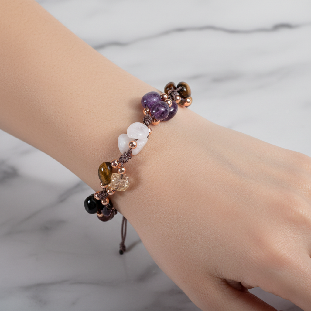 Scorpio Zodiac Natural Stone Macramé Bracelet – Amethyst, Moonstone, Burgundy Garnet (Lal), Jasper, Tiger’s Eye, Citrine, Black Tourmaline