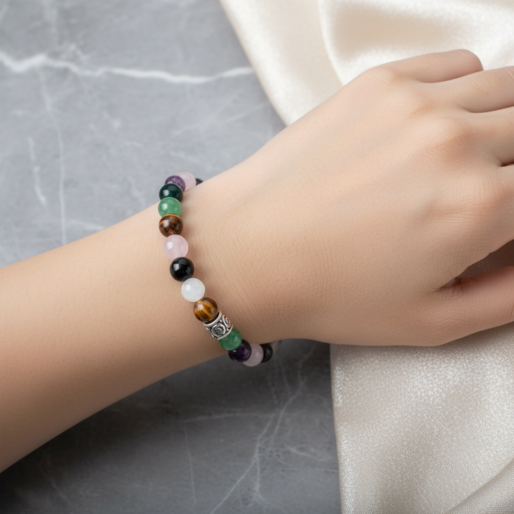 Laboratory Certified Cancer Zodiac Natural Stone Bracelet – Amethyst, Moonstone, Golden Obsidian, Bloodstone, Tiger’s Eye, Rose Quartz & Green Aventurine