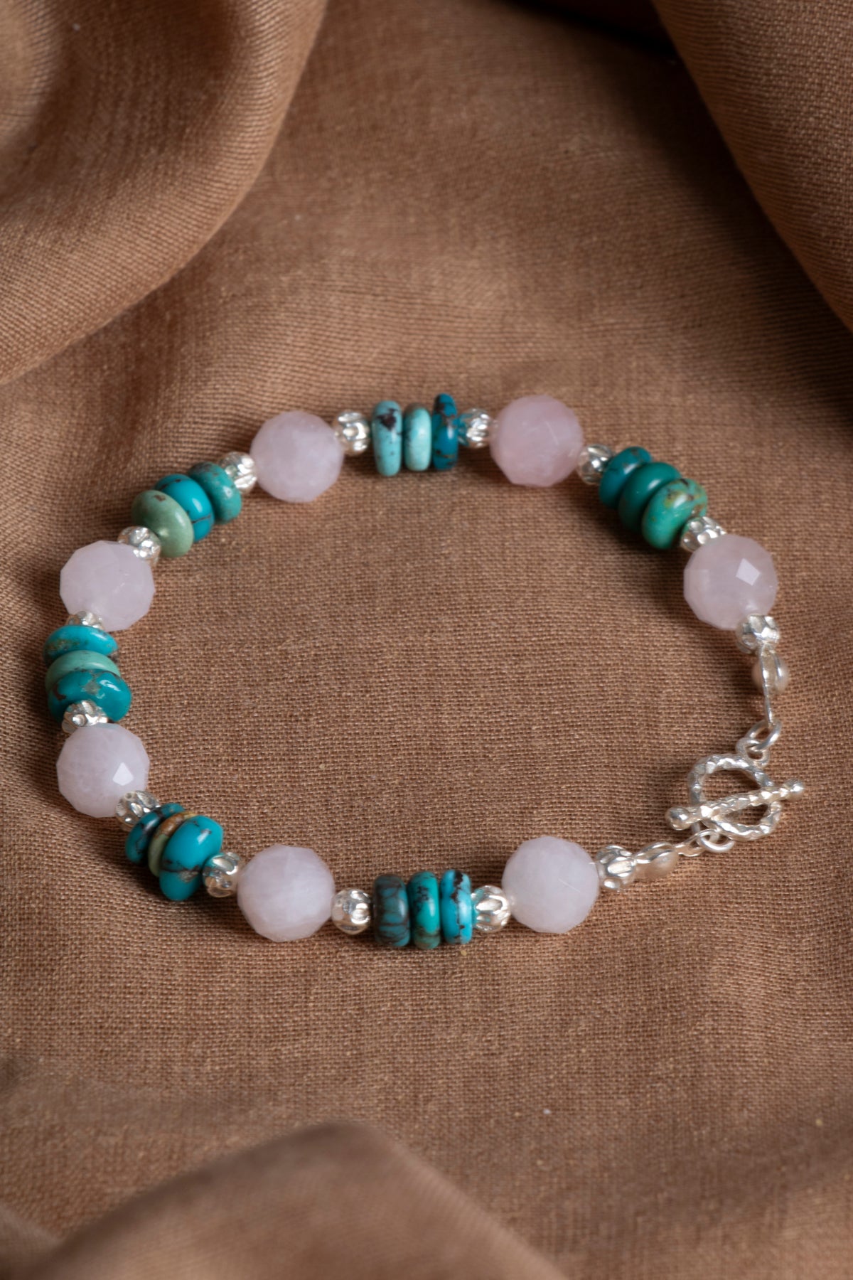 Laboratory Certified Rose Quartz & Turquoise 925 Sterling Silver Bracelet