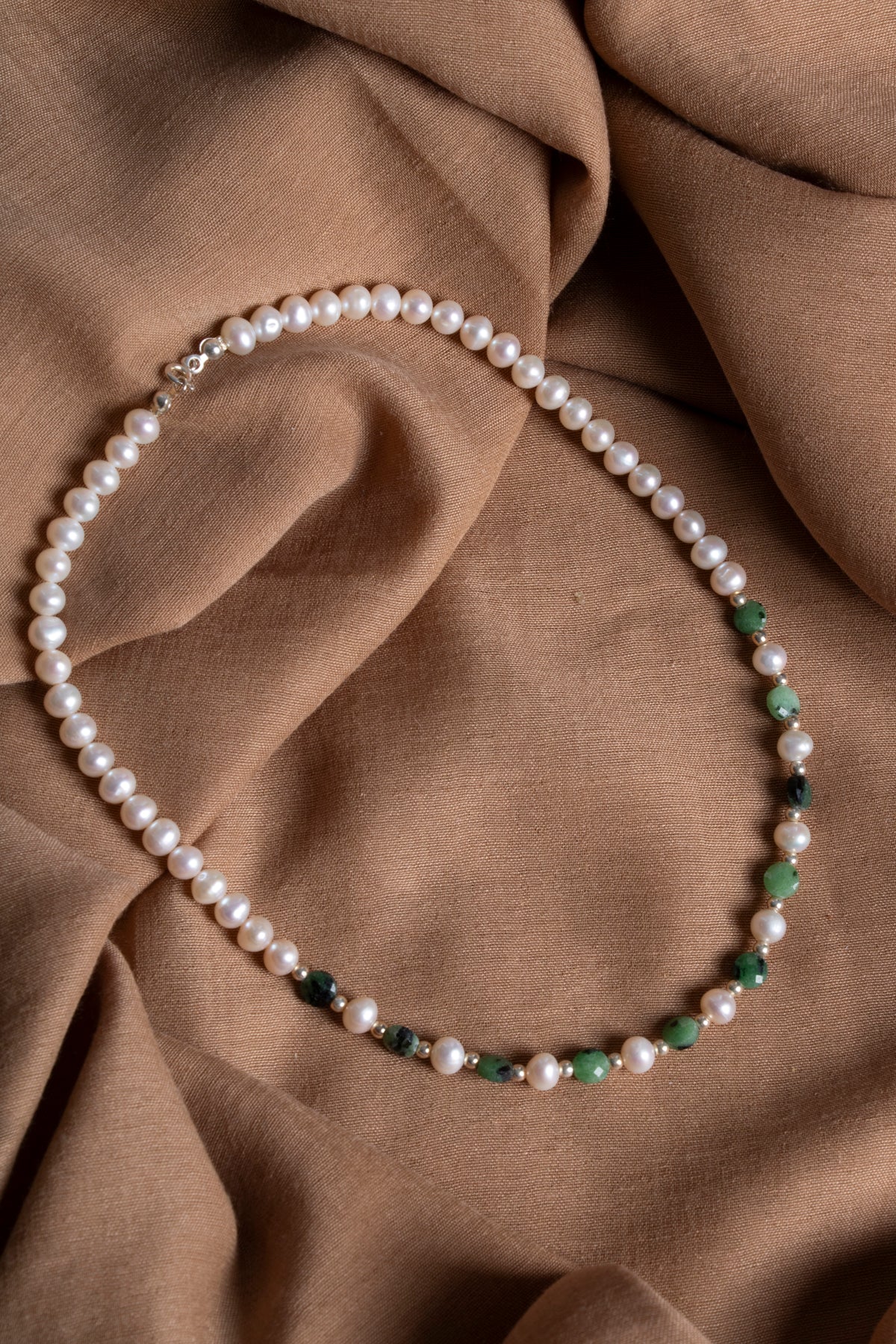 Laboratory Certified Pearl & Anyolite Natural Stone 925 Sterling Silver Necklace