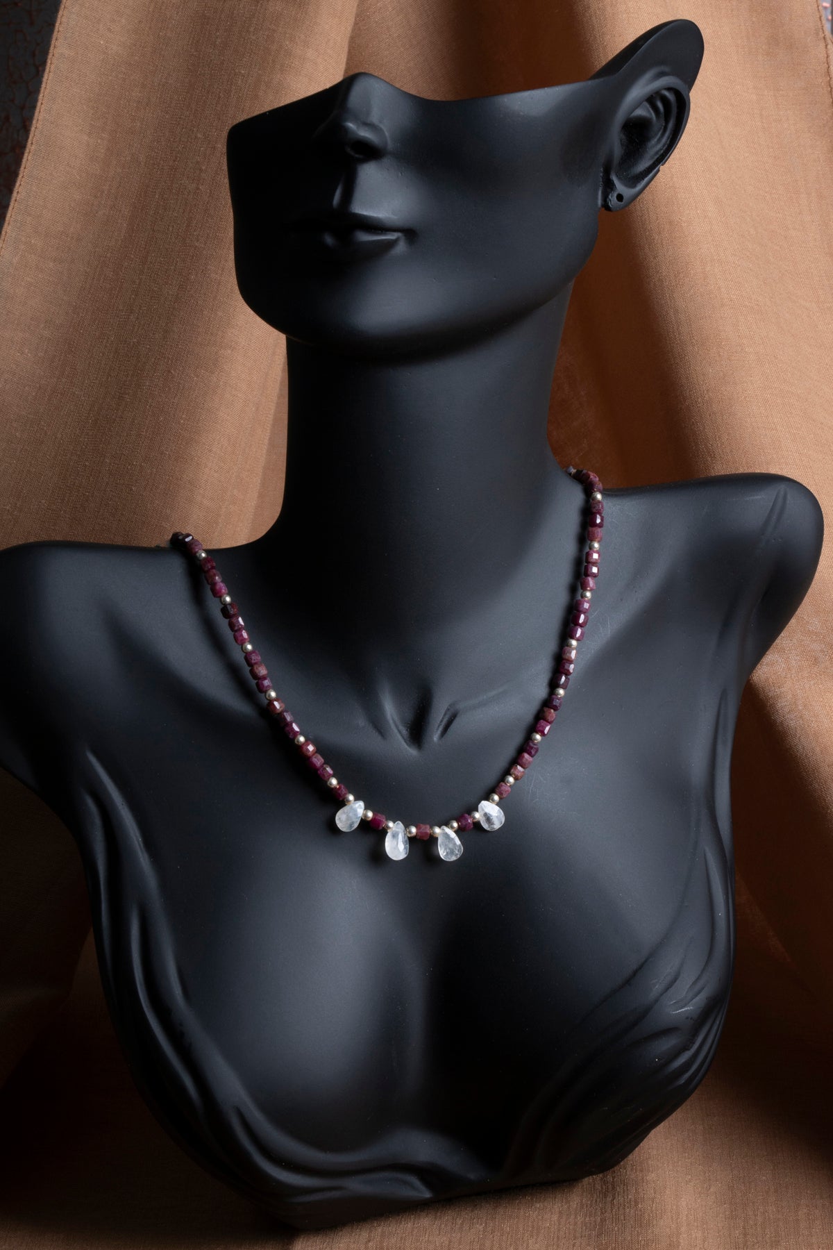 Laboratory Certified Moonstone & Ruby Natural Stone 925 Sterling Silver Necklace