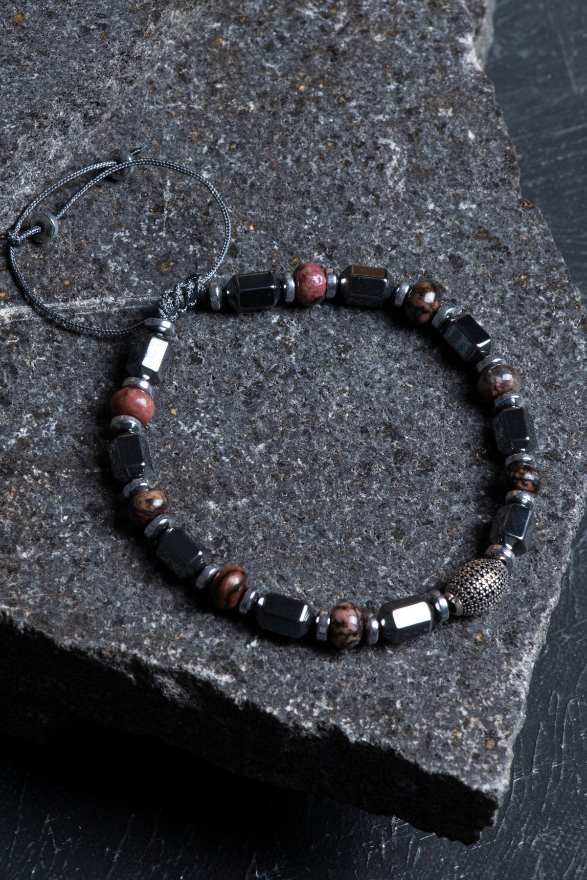 Laboratory Certified Rhodonite & Hematite 925 Sterling Silver Bracelet