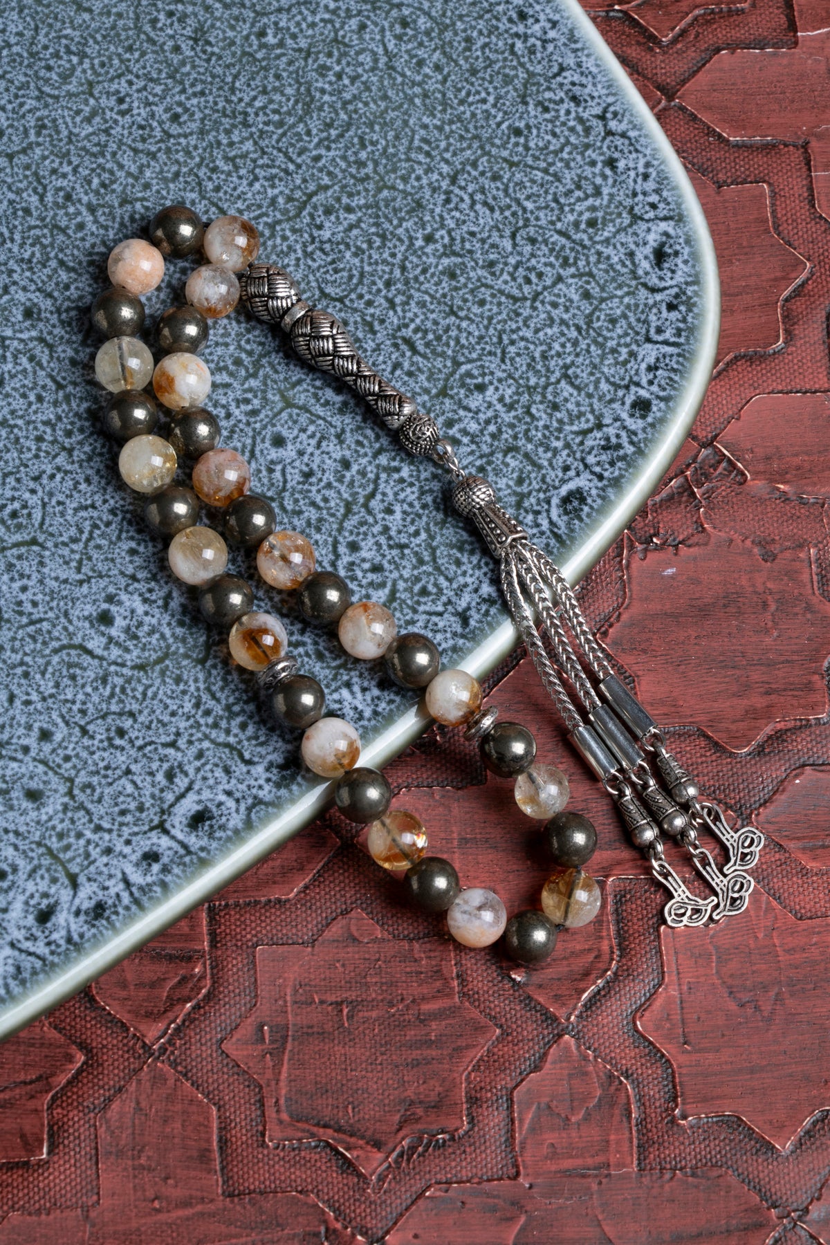 Laboratory Certified Citrine & Pyrite Natural Stone Prayer Beads 33 Beads – 8 mm