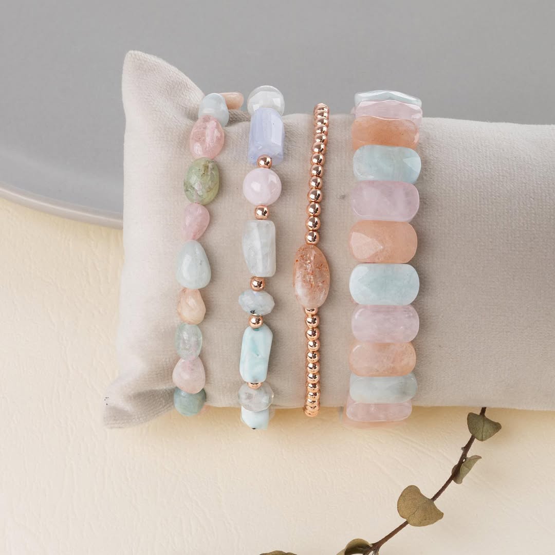 Laboratory Certified Helkum, Aquamarine, Sunstone & Pink Opal Natural Stone Bracelet Set