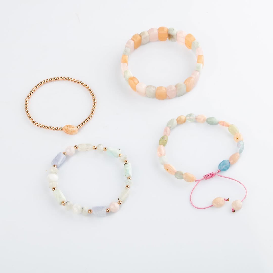 Laboratory Certified Helkum, Aquamarine, Sunstone & Pink Opal Natural Stone Bracelet Set