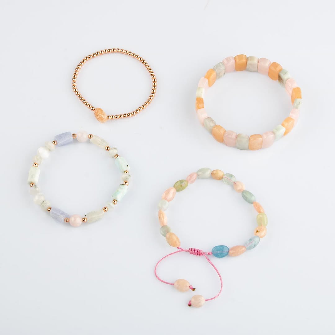 Laboratory Certified Helkum, Aquamarine, Sunstone & Pink Opal Natural Stone Bracelet Set