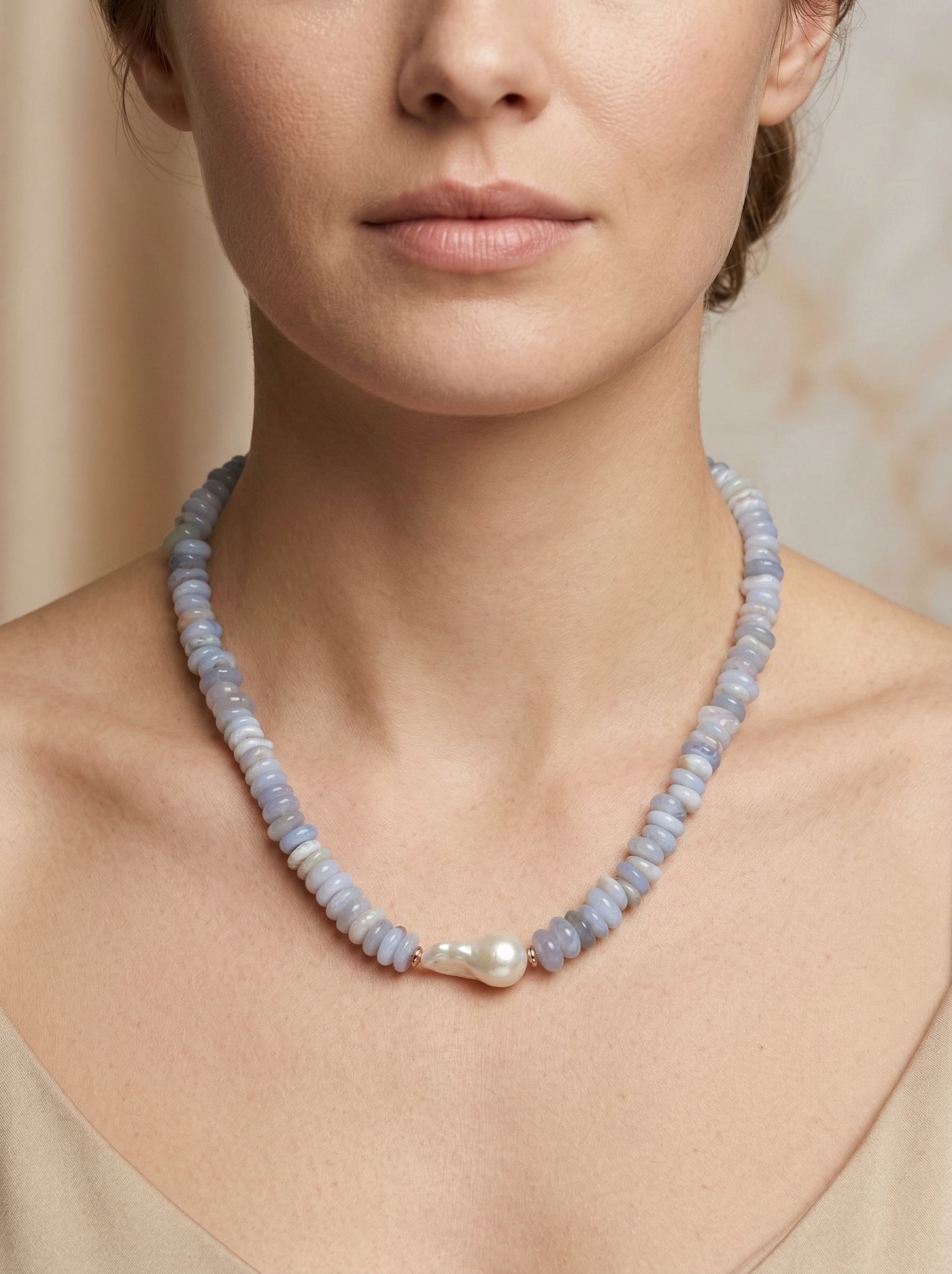 Certified Pearl & Chalcedony Natural Stone Necklace by Zevrina