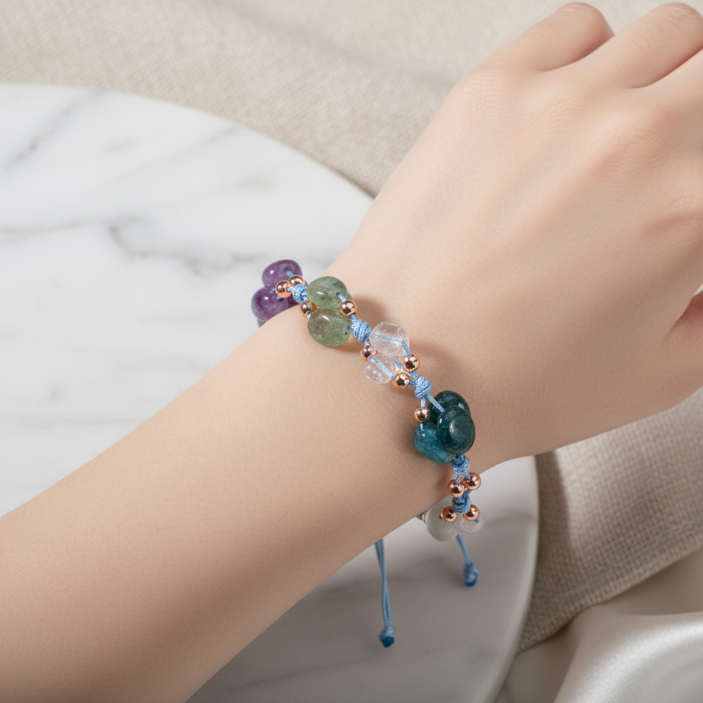 Pisces Zodiac Natural Stone Macramé Bracelet – Aquamarine, Amethyst, Moonstone, Kyanite, Blue Apatite, Purple Fluorite, Green Larimar