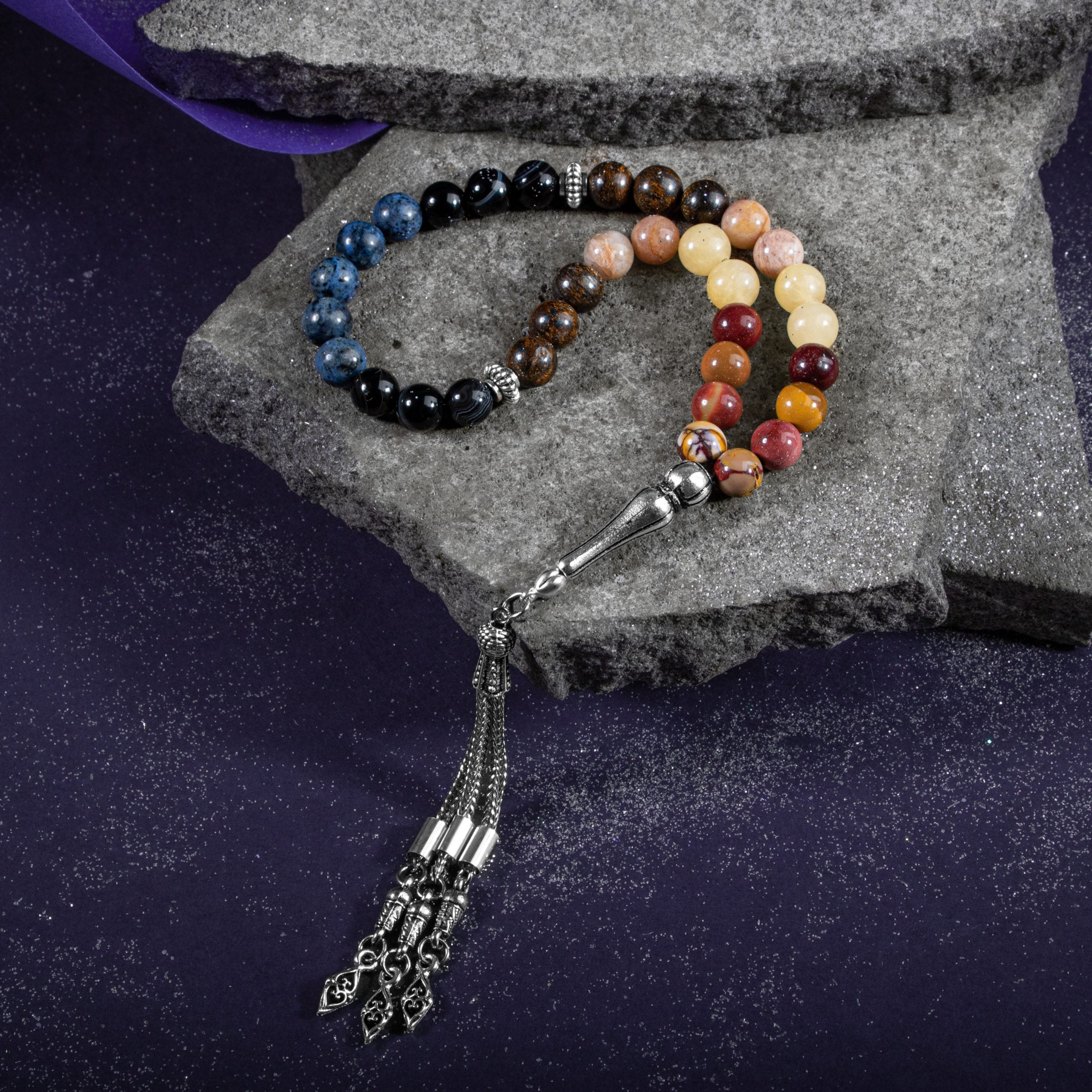 Leo Zodiac Prayer Beads – Bronzit, Dumortierite, Sunstone, Jasper, Calcite & Black Eye Agate Natural Gemstone