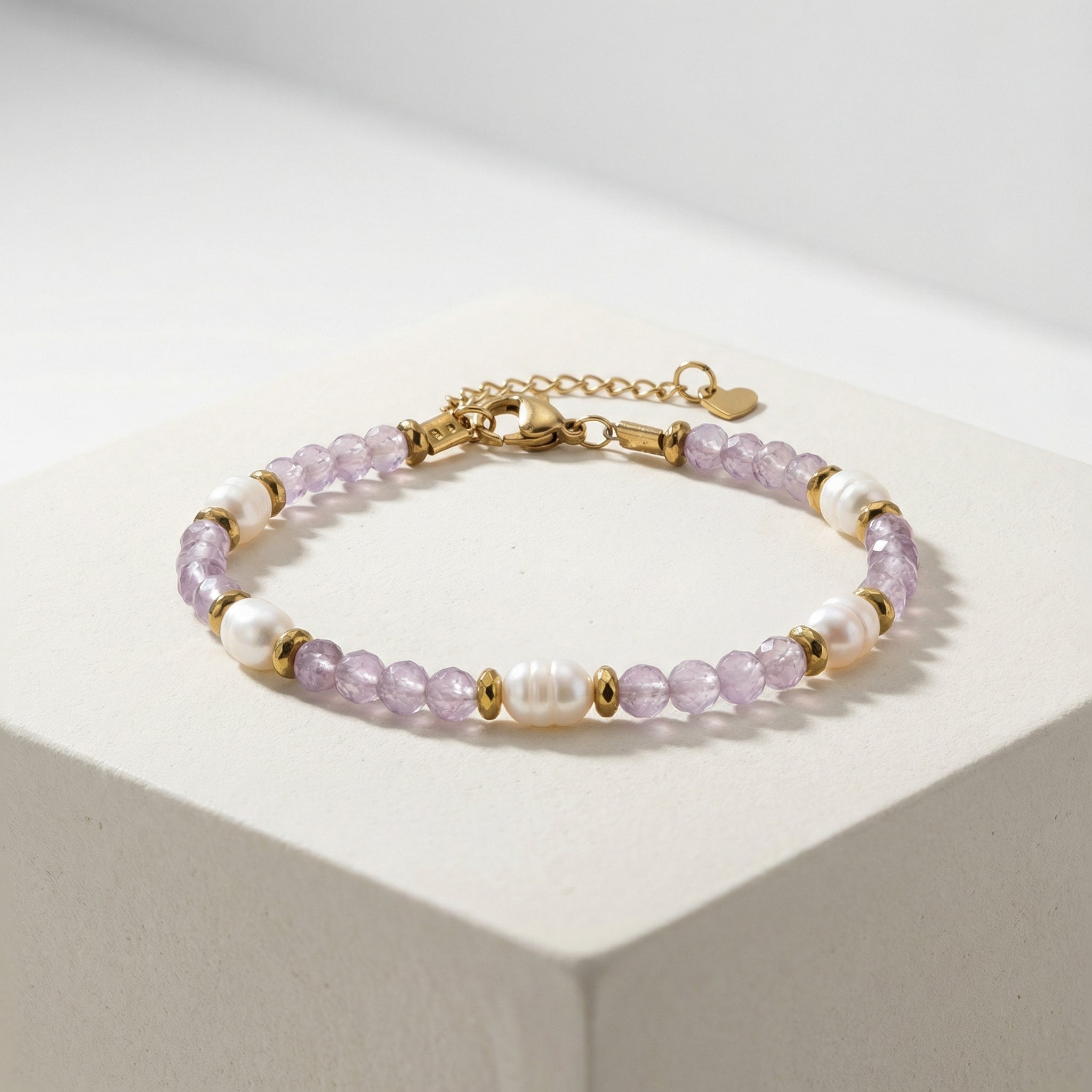 Laboratory Certified Amethyst & Pearl Natural Stone Bracelet – Rondelle Cut, Steel Clasp