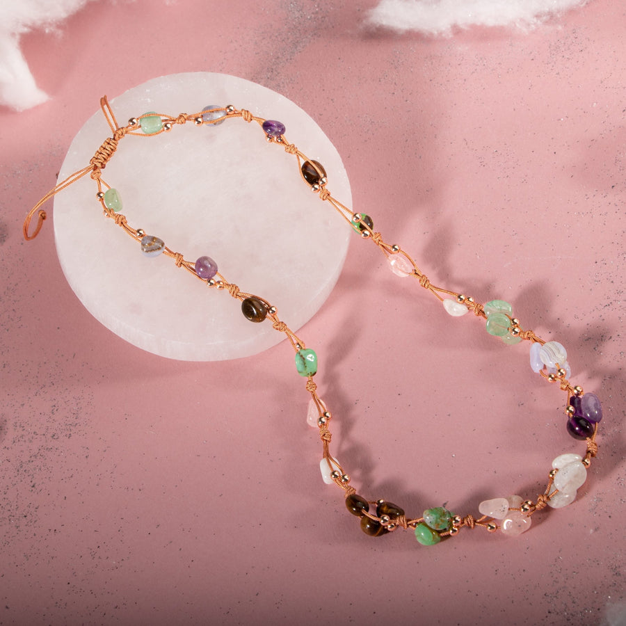 Laboratory Certified Cancer Zodiac Natural Stone Macramé Necklace – Amethyst, Moonstone, Chalcedony, Tiger’s Eye, Chrysoprase, Rose Quartz, Green Aventurine – Special Design