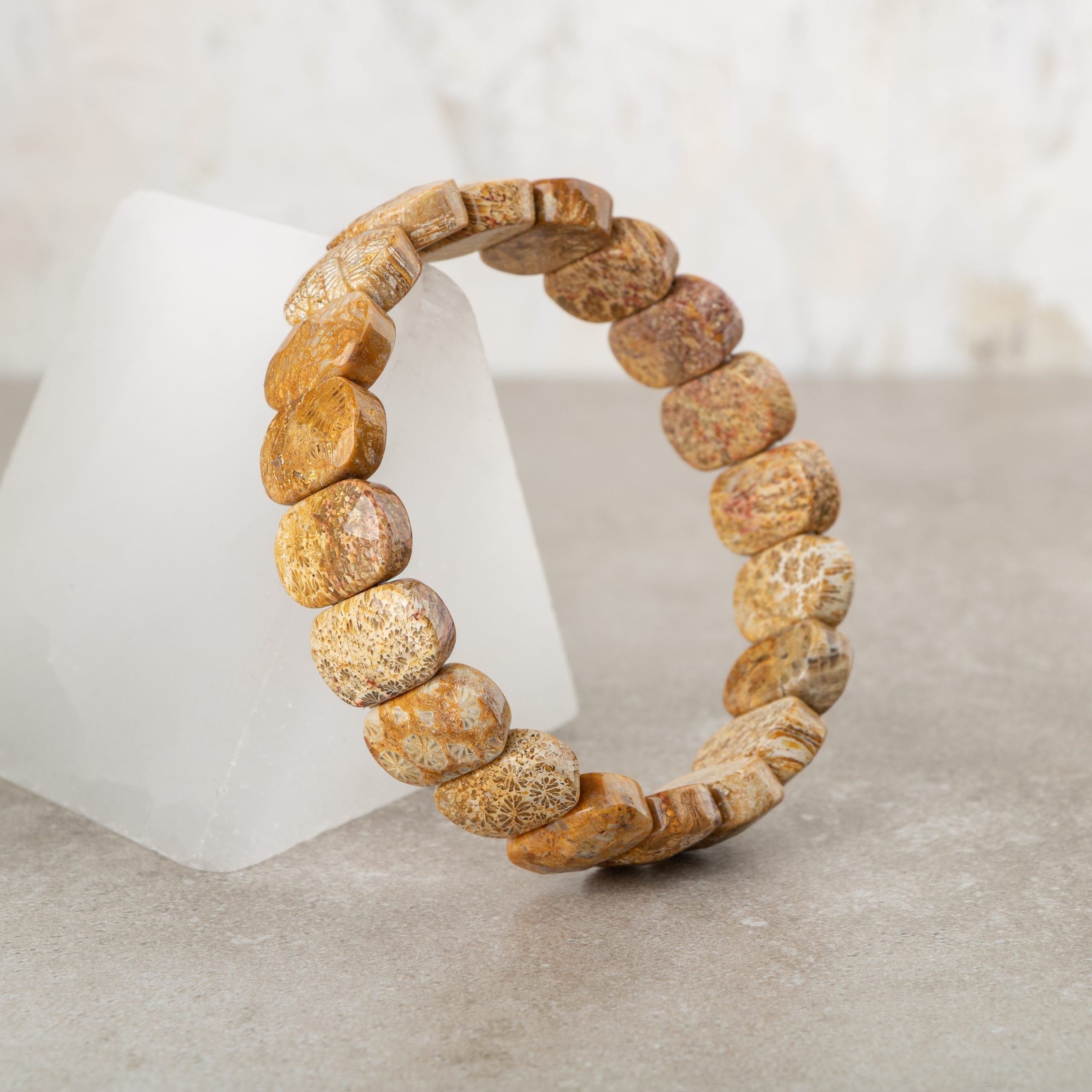 Certified Fossil Coral Wide Cut Natural Gemstone Bracelet