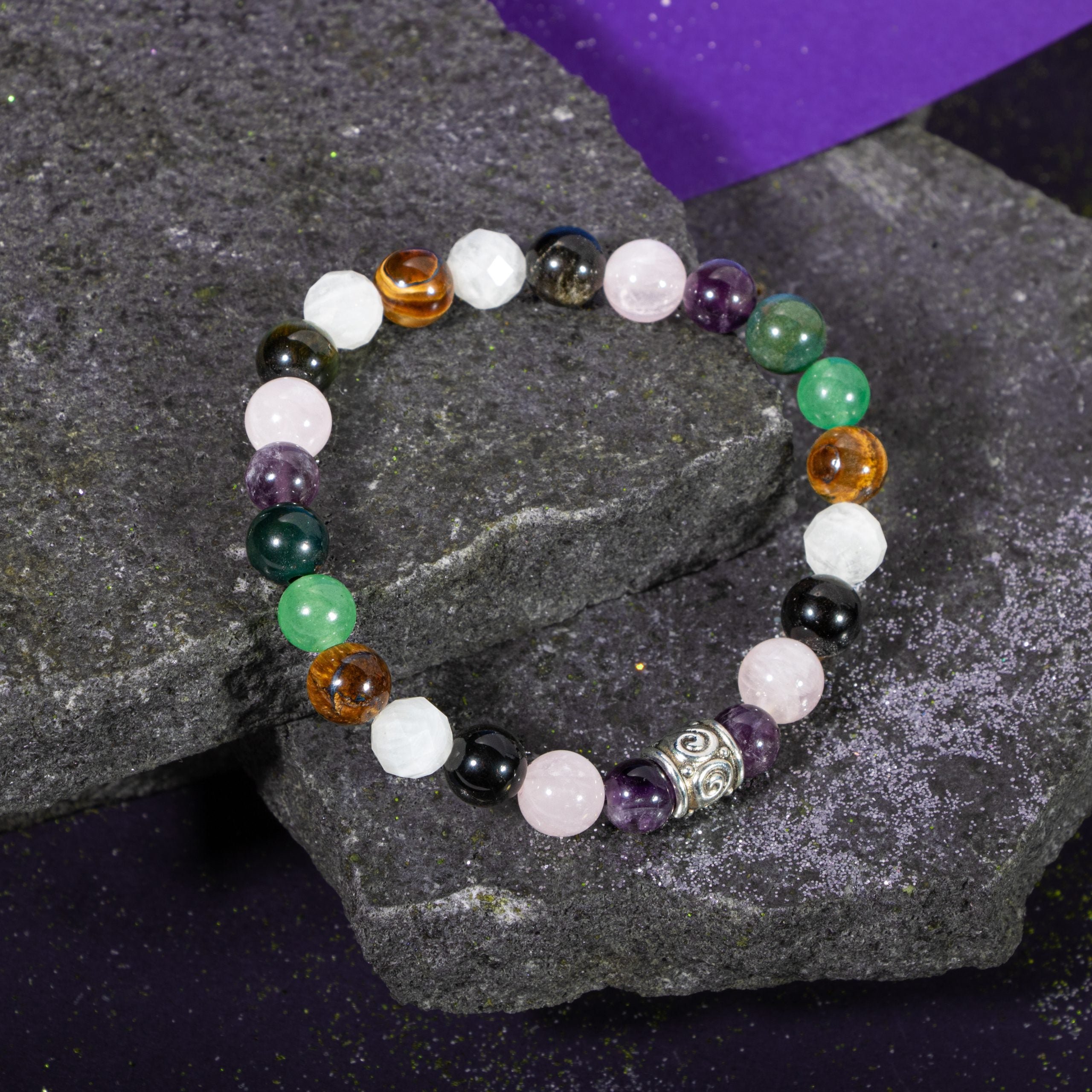Yengeç Burcu Bileklik Ametist, Ay Taşı, Golden Obsidyen, Kan Taşı, Kaplan Gözü, Pembe Kuvars, Yeşil Aventurin