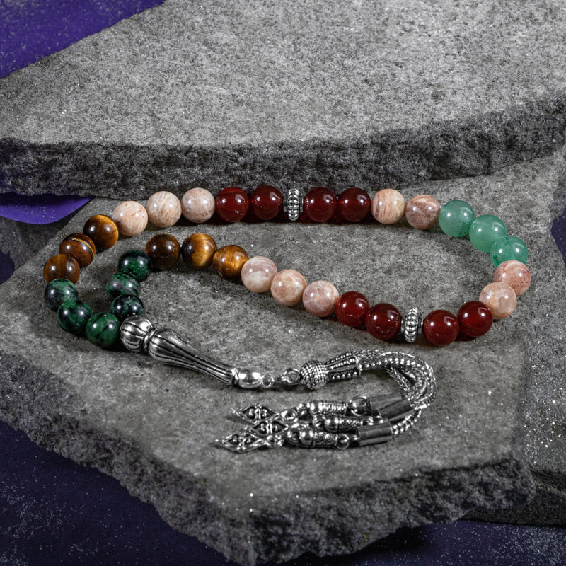 Laboratory Certified Gemini Zodiac Prayer Beads – Anyolite, Sunstone, Tiger's Eye, Red Agate & Green Aventurine Natural Gemstone