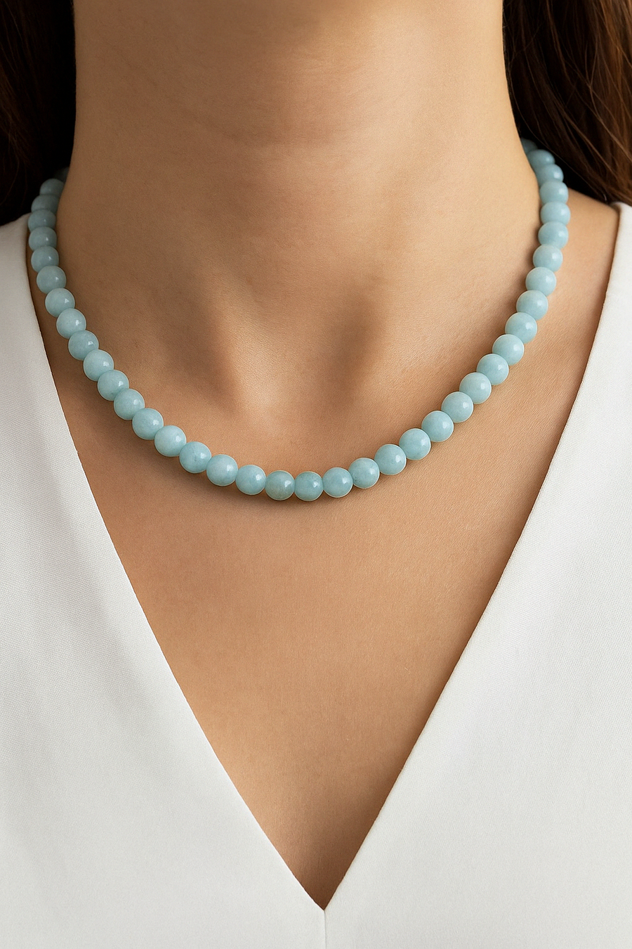 Laboratory Certified Aquamarine 8 mm Natural Stone Necklace