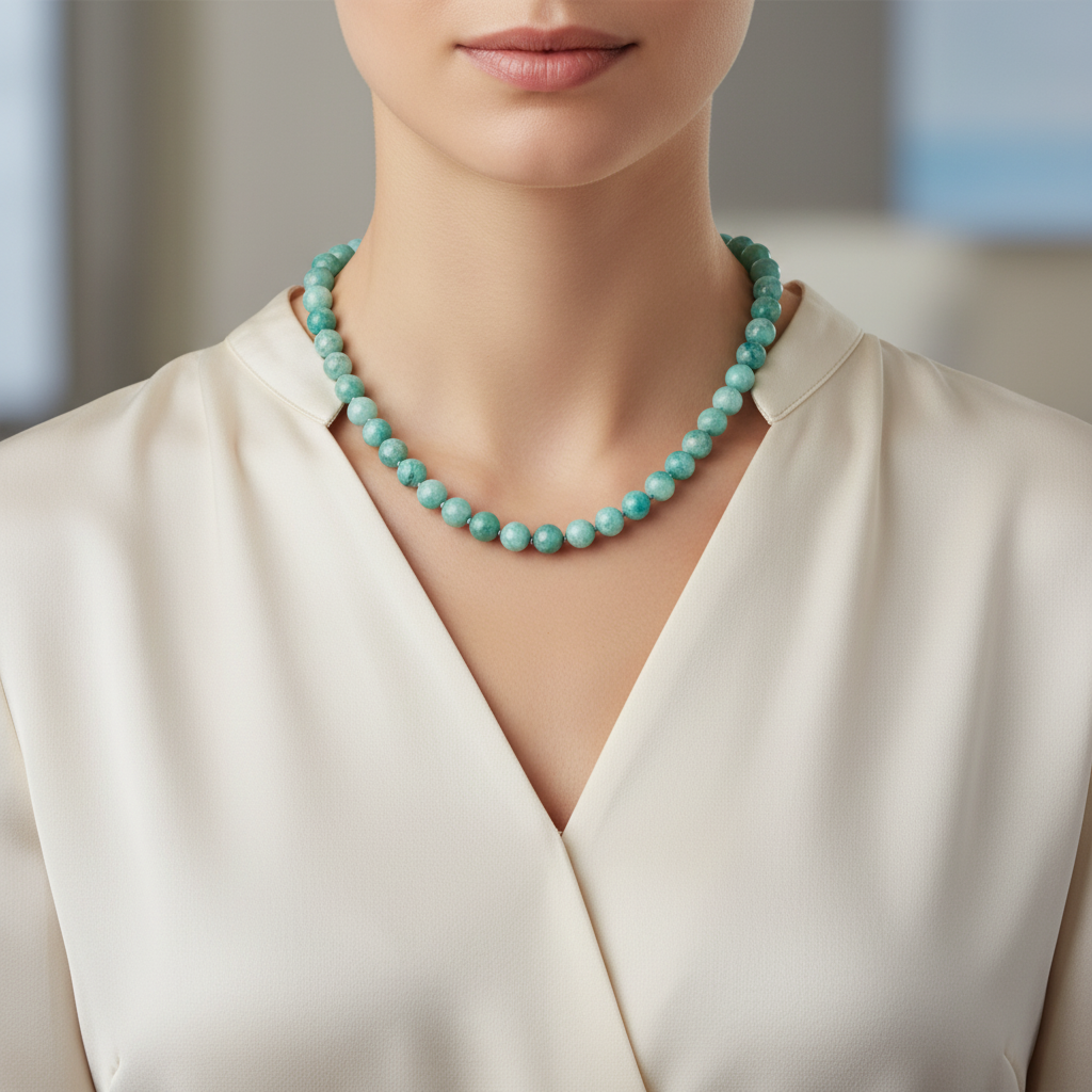 Laboratory Certified Amazonite 8 mm Knotted Natural Stone Necklace