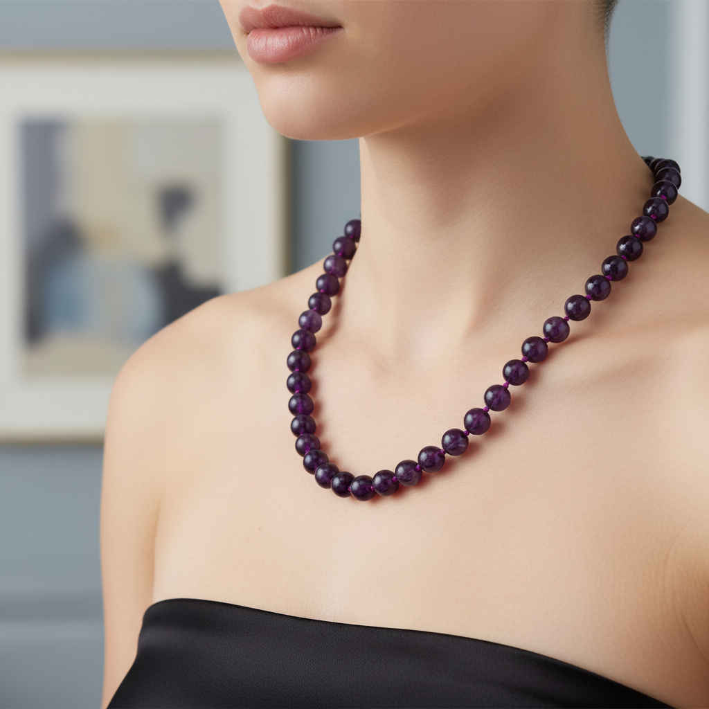 Laboratory Certified Amethyst 8 mm Knotted Natural Stone Necklace