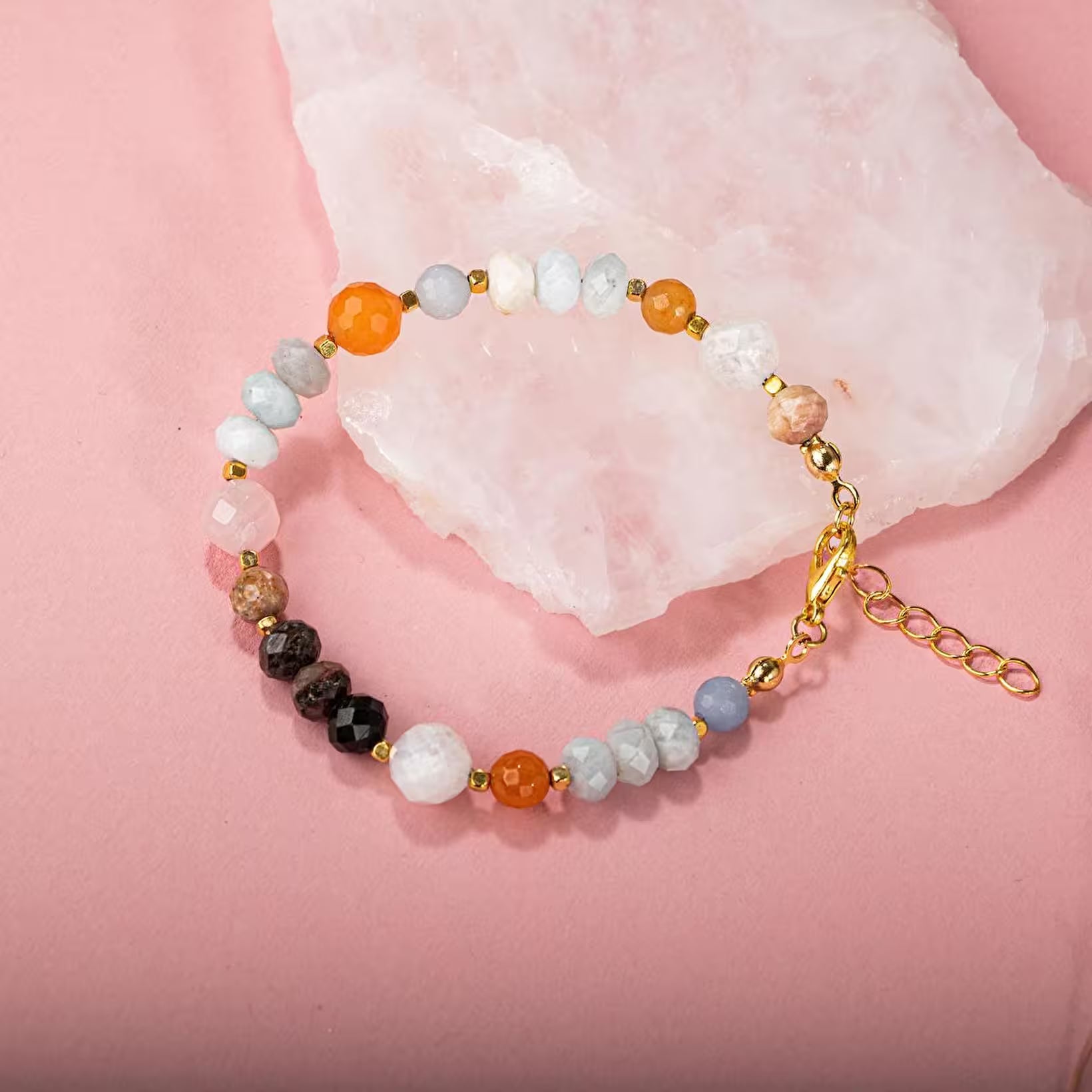 Laboratory Certified Angelite, Morganite, Rose Quartz, Multicolor Tourmaline, Moonstone, Orange Aventurine, Aquamarine & Madagascar Agate Natural Stone Bracelet
