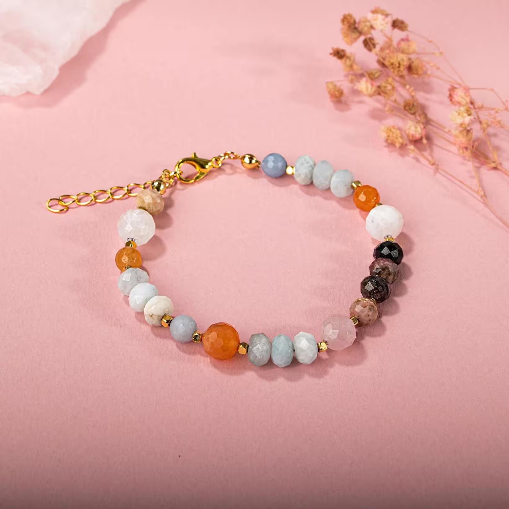 Laboratory Certified Angelite, Morganite, Rose Quartz, Multicolor Tourmaline, Moonstone, Orange Aventurine, Aquamarine & Madagascar Agate Natural Stone Bracelet