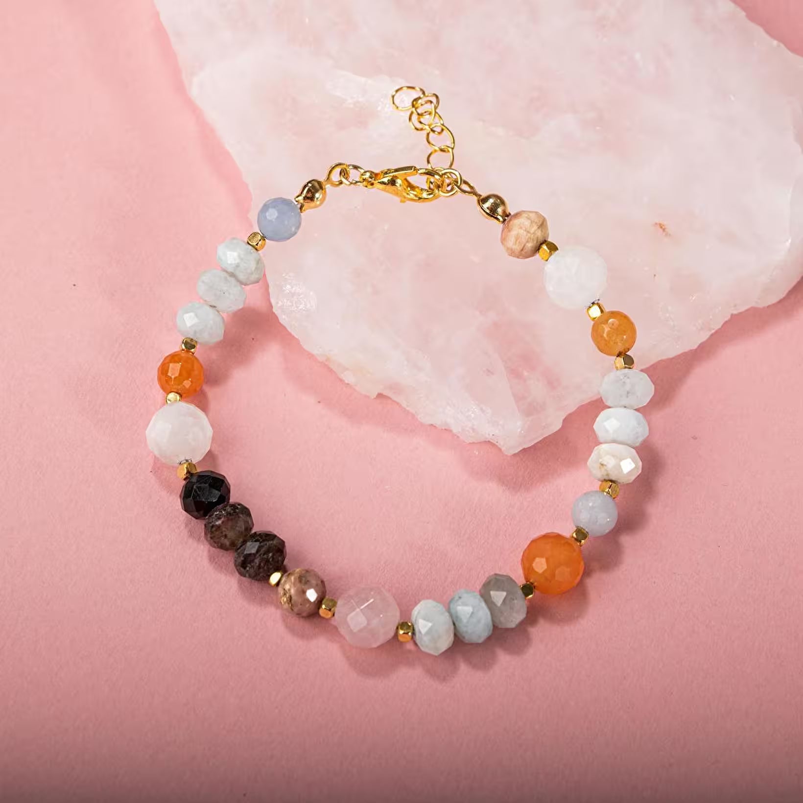 Laboratory Certified Angelite, Morganite, Rose Quartz, Multicolor Tourmaline, Moonstone, Orange Aventurine, Aquamarine & Madagascar Agate Natural Stone Bracelet