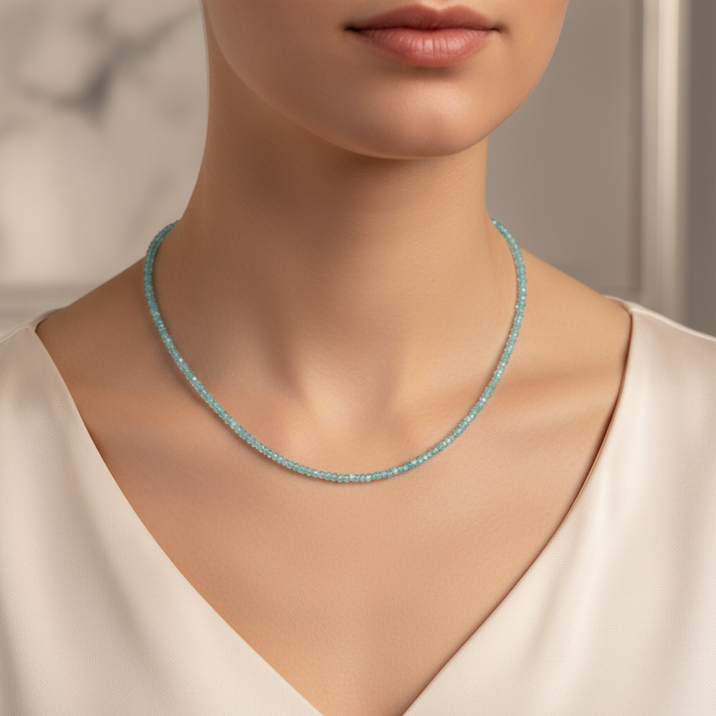 Laboratory Certified Apatite Natural Stone Necklace 3 mm with 925 Sterling Silver Clasp