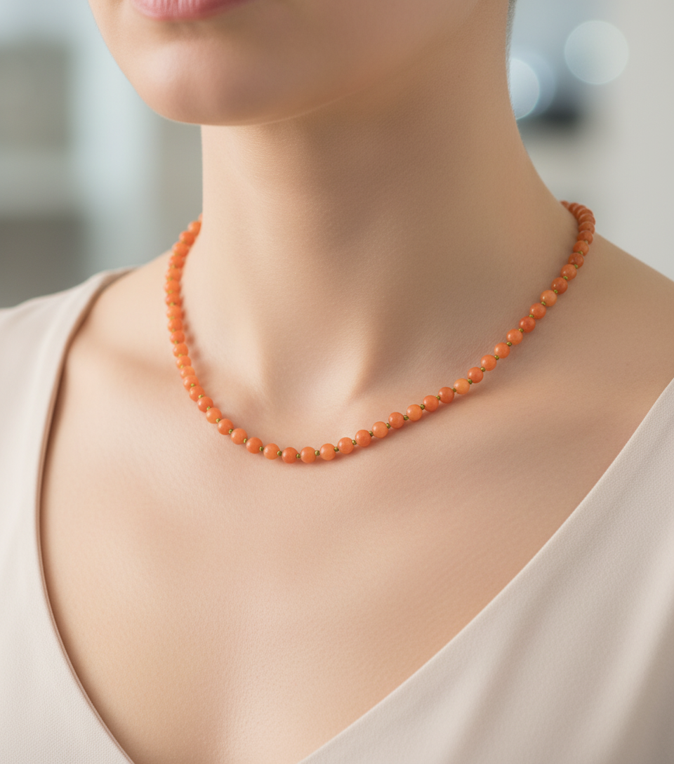 Laboratory Certified Orange Aventurine Natural Stone 6 mm Knotted Necklace