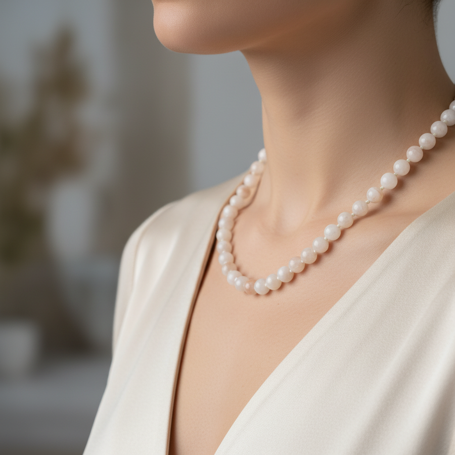 Laboratory Certified Moonstone 8 mm Knotted Natural Stone Necklace