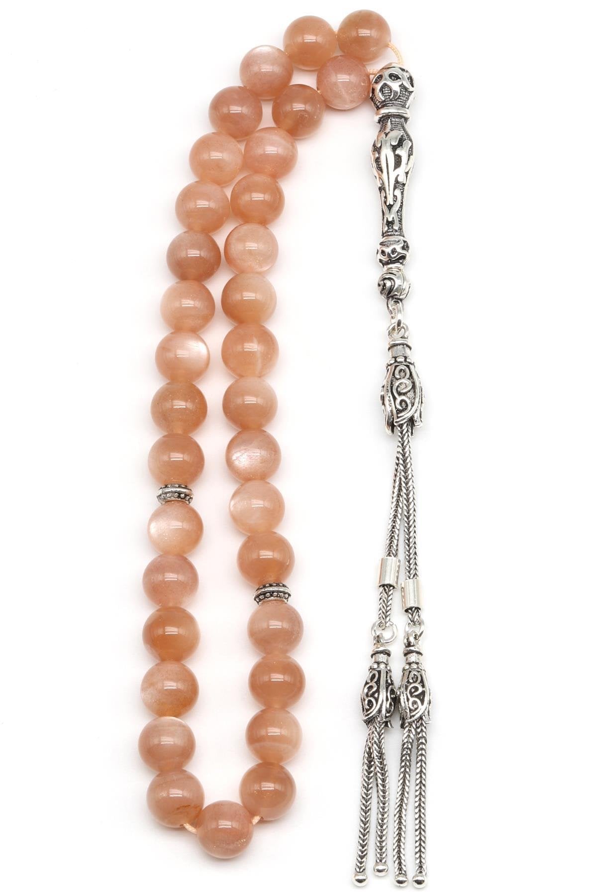 Laboratory Certified Moonstone Natural Stone Prayer Beads 925 Sterling Silver 8 mm Round Bead Cut (33 Beads)