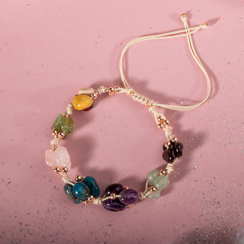 Virgo Zodiac Natural Stone Macramé Bracelet – Amethyst, Burgundy Garnet (Lal), Jasper, Blue Apatite, Rose Quartz, Green Aventurine, Peridot