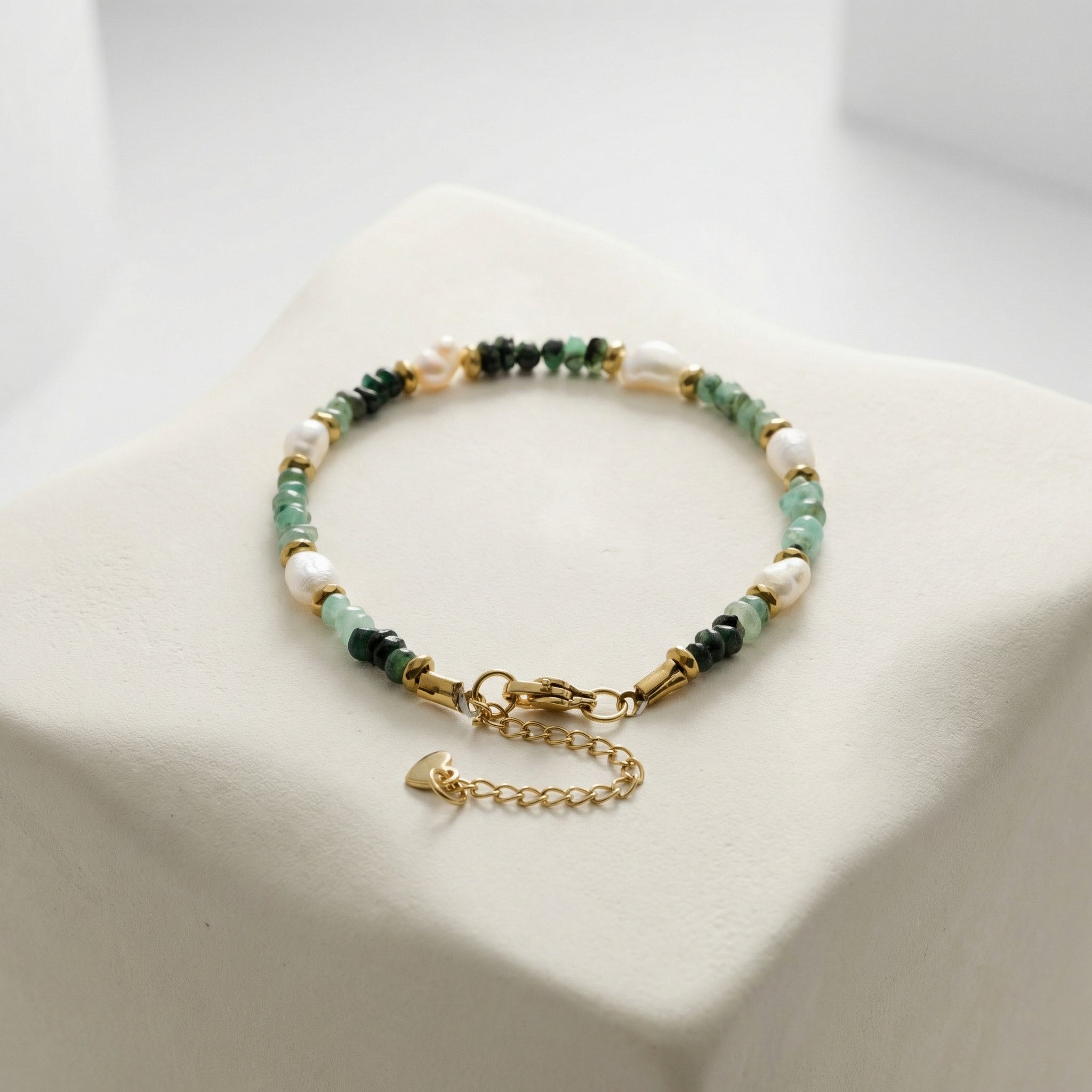 Laboratory Certified Emerald & Pearl Natural Stone Bracelet – Rondelle Cut, Steel Clasp