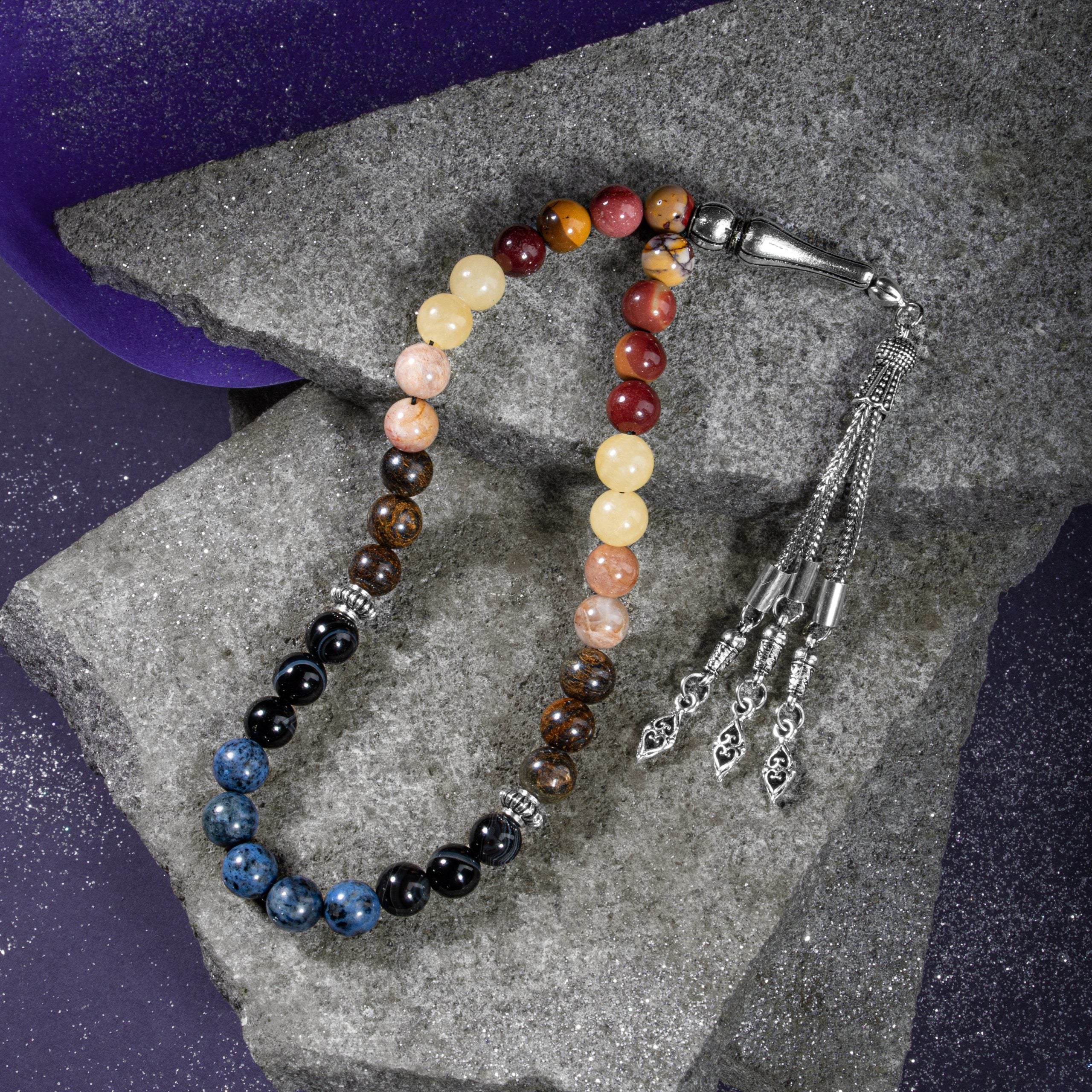 Leo Zodiac Prayer Beads – Bronzit, Dumortierite, Sunstone, Jasper, Calcite & Black Eye Agate Natural Gemstone