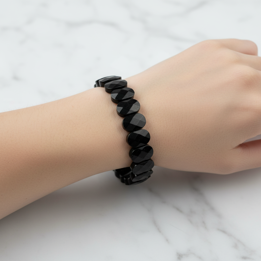 Black Tourmaline Wide Cut Natural Gemstone Bracelet