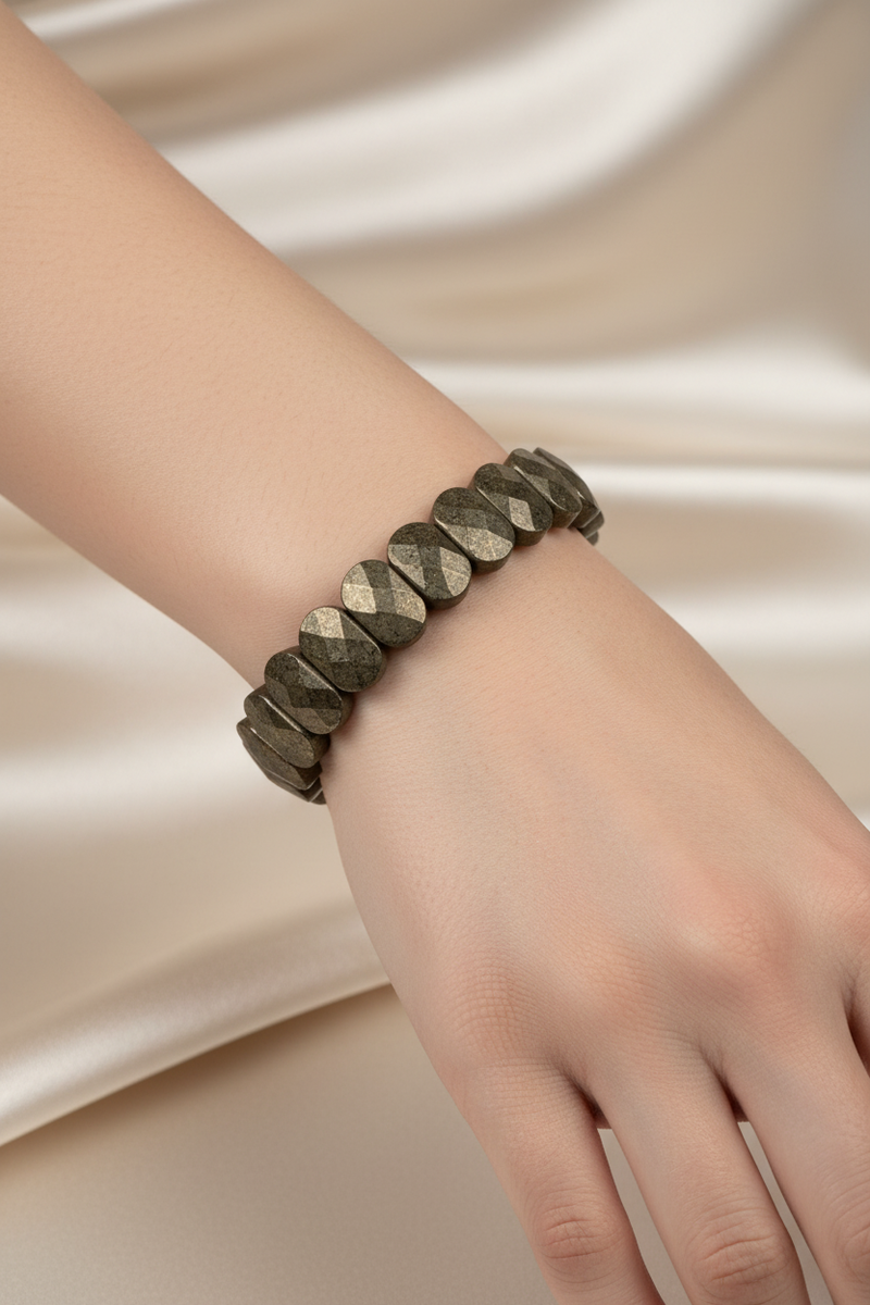 Laboratory Certified Pyrite Wide Cut Natural Gemstone Bracelet