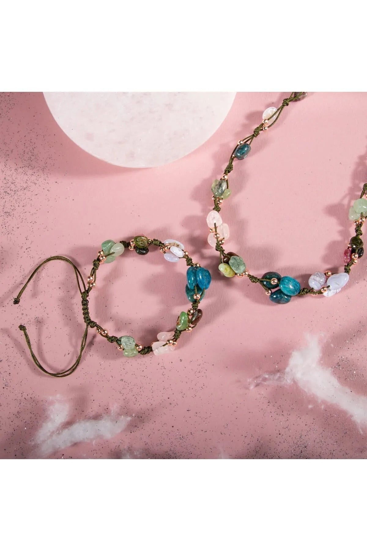 Boğa Burcu Doğal Taş Natürel Makrome Kolye Bileklik Seti Apatit Aventurin Kiyanit Kalsedon Krizopras Pembe Kuvars Turmalin