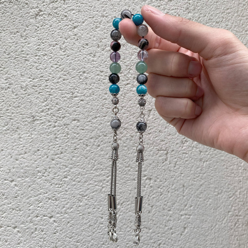 Laboratory Certified Taurus Zodiac Zaza-Style-Style Prayer Beads – Ametrine, Blue Apatite, Rhodonite, Rutilated Quartz and Green Aventurine
