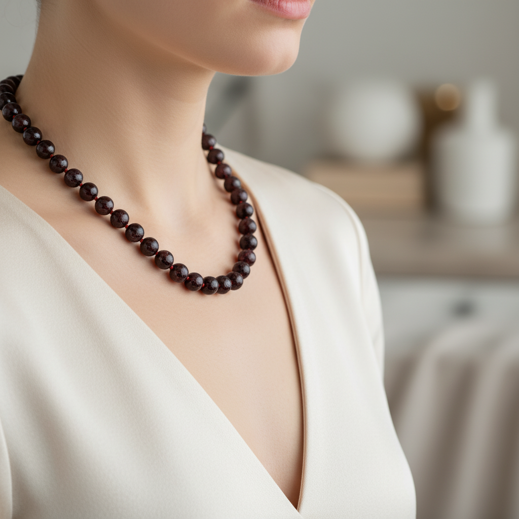 Laboratory Certified Burgundy Garnet 8 mm Knotted Natural Stone Necklace