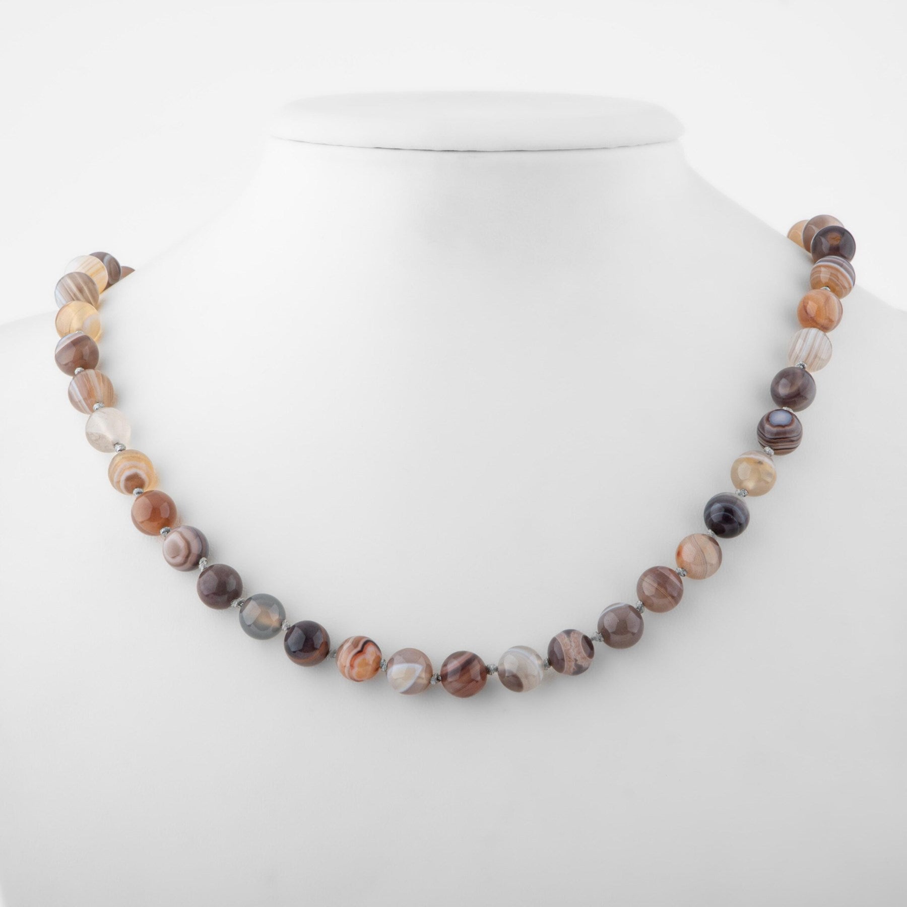 Laboratory Certified Botswana Agate 8 mm Knotted Natural Stone Necklace