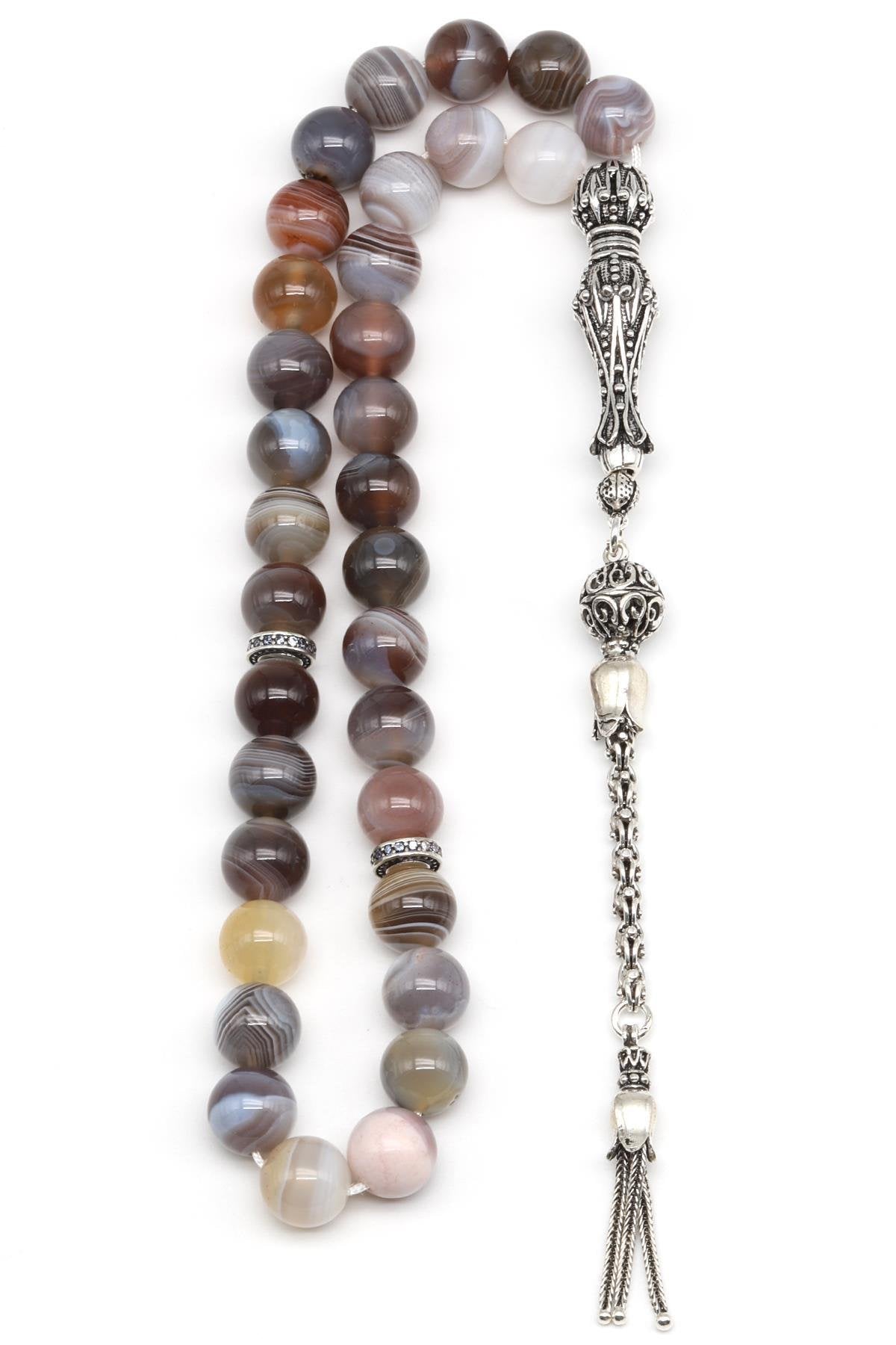 Laboratory Certified Botswana Agate Natural Stone Prayer Beads 925 Sterling Silver 10 mm Round Bead Cut (33 Beads)