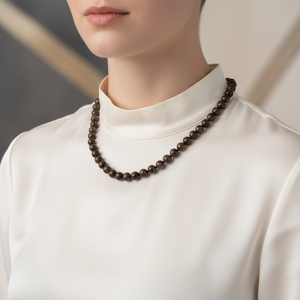 Laboratory Certified Bronzite 8 mm Knotted Natural Stone Necklace