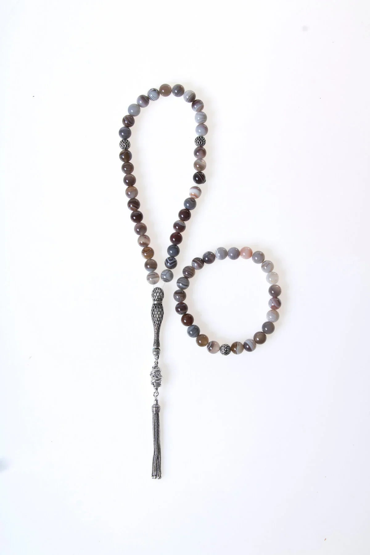 Laboratory Certified Botswana Agate Natural Stone 925 Sterling Silver Imam Bead Prayer Beads & Bracelet Set – 8 mm