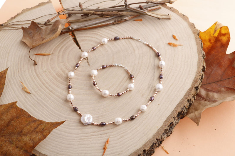 Laboratory Certified Hematite Accessory Detailed Pearl Jewelry Set – Necklace and Bracelet, Unisex Stylish Design