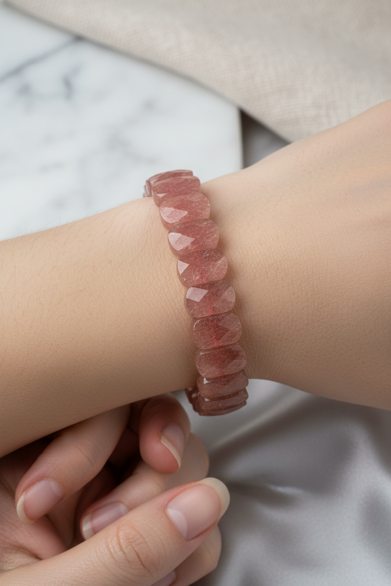 Laboratory Certified Strawberry Quartz Wide Cut Natural Gemstone Bracelet