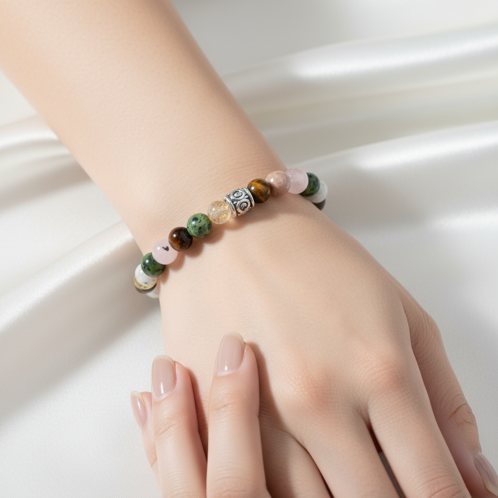 Laboratory Certified Gemini Zodiac Natural Stone Bracelet – Moonstone, Sunstone, Tiger’s Eye, Rose Quartz, Citrine & Jade (Serpentine)