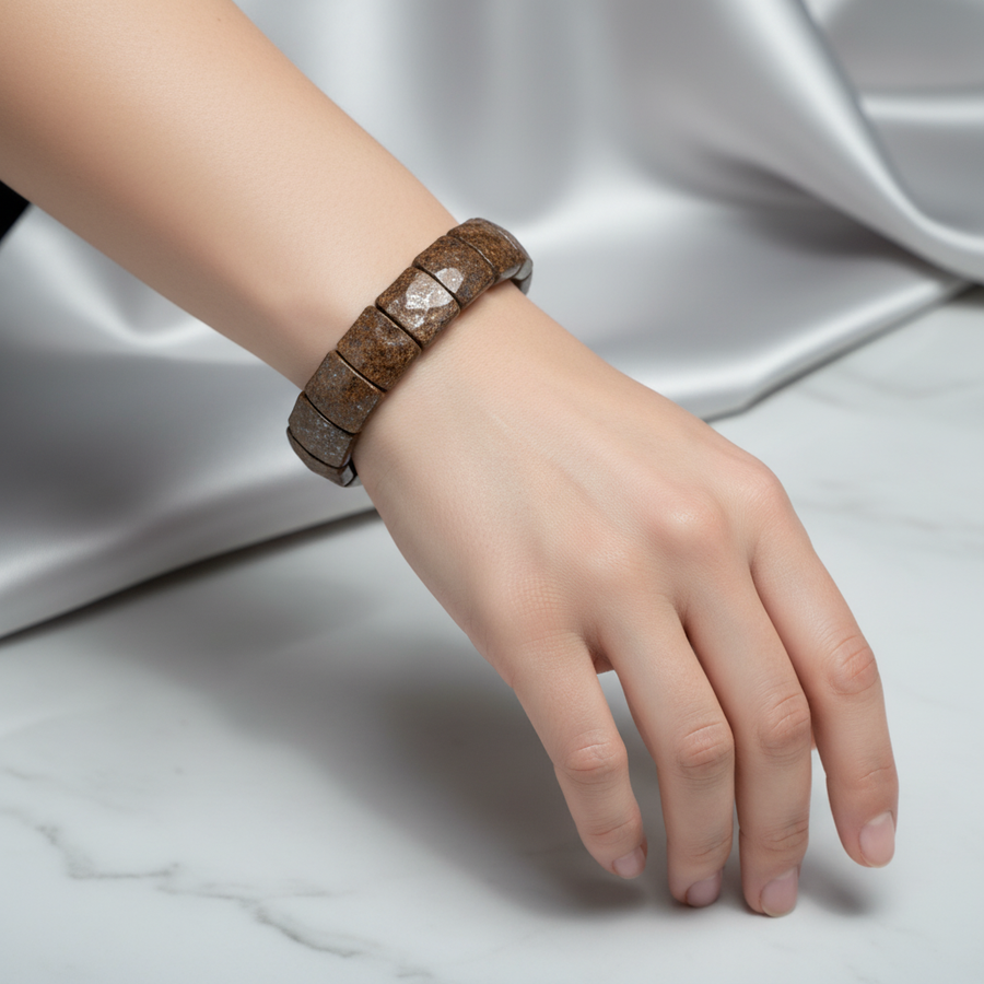 Laboratory Certified Bronzite Wide Cut Herringbone Natural Gemstone Bracelet