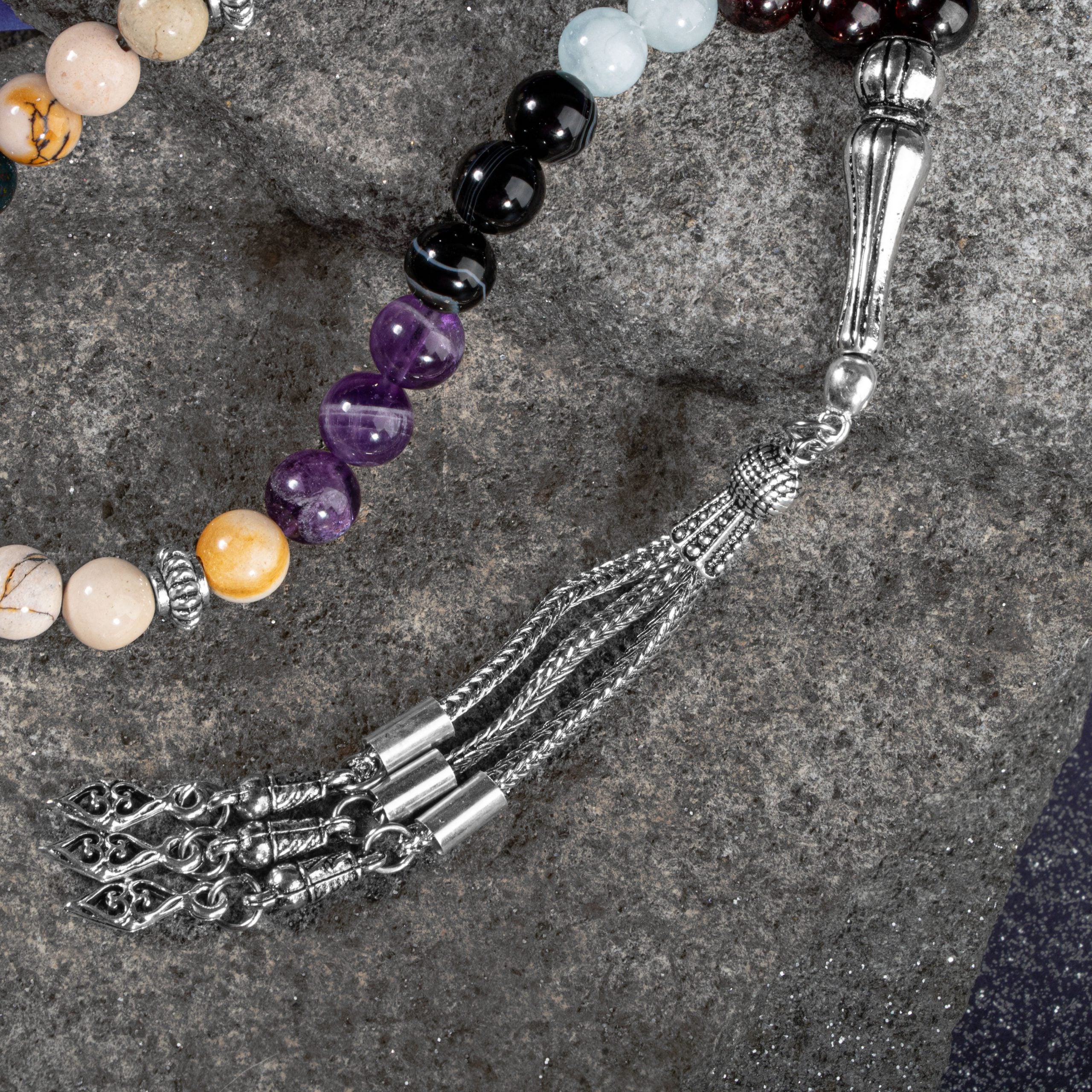 Aries Zodiac Prayer Beads – Aquamarine, Amethyst, Burgundy Garnet, Bloodstone, Yellow Jasper & Black Eye Agate Natural Gemstone
