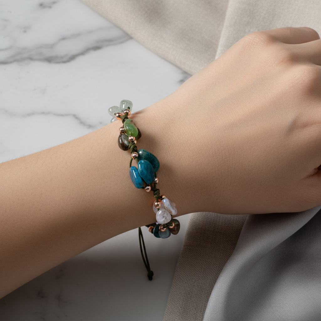 Taurus Zodiac Natural Stone Macramé Bracelet – Chalcedony, Kyanite, Chrysoprase, Blue Apatite, Rose Quartz, Multicolor Tourmaline, Green Aventurine